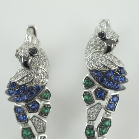Sterling CZ Cockatoo Parrot Earrings with Green Spinel - Picture 5 of 10